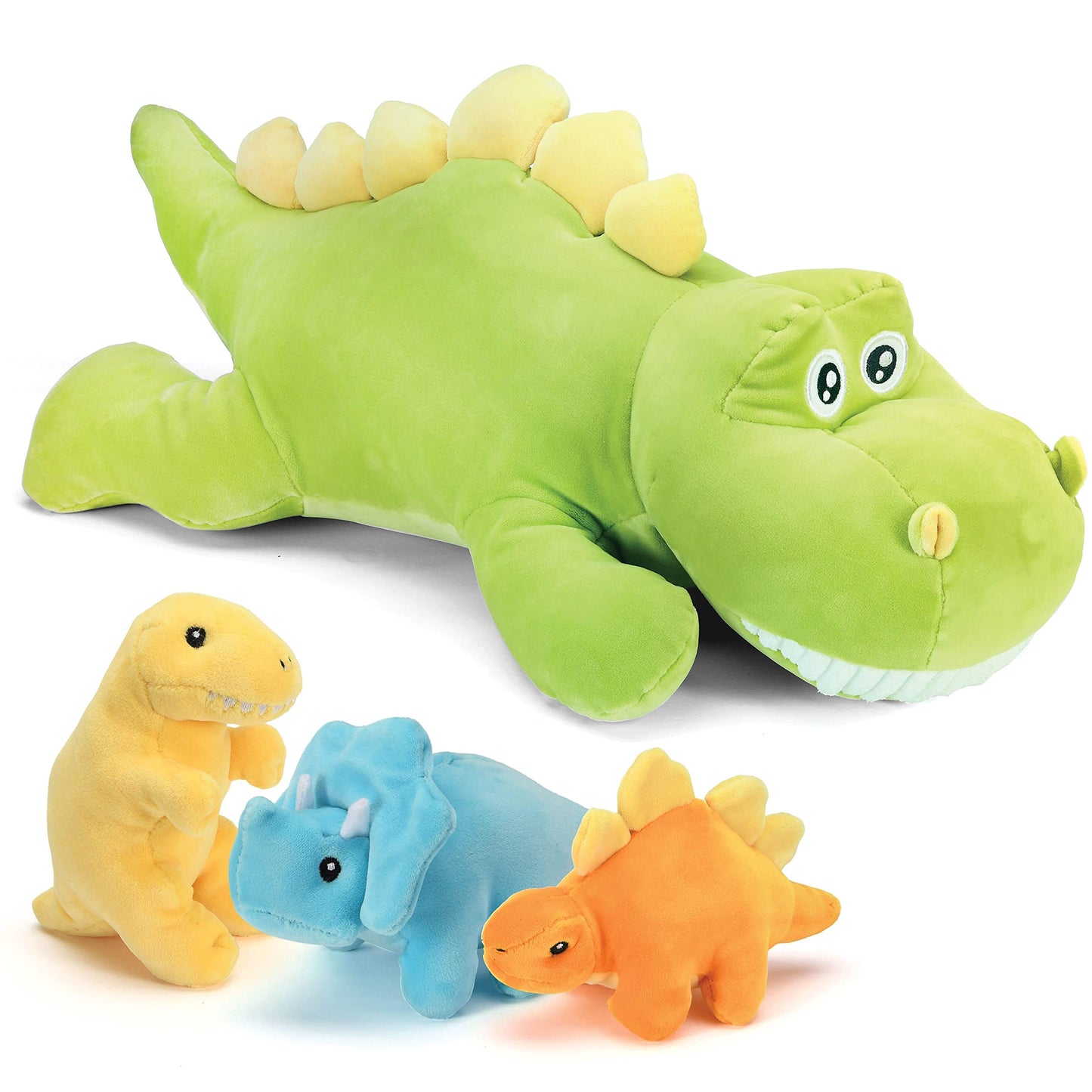 Prextex 15-Inch Stegosaurus Dinosaur Stuffed Animal Set With 3 Dino Plush Toys Inside, Large Zippered Pouch Dinosaur For Boys An
