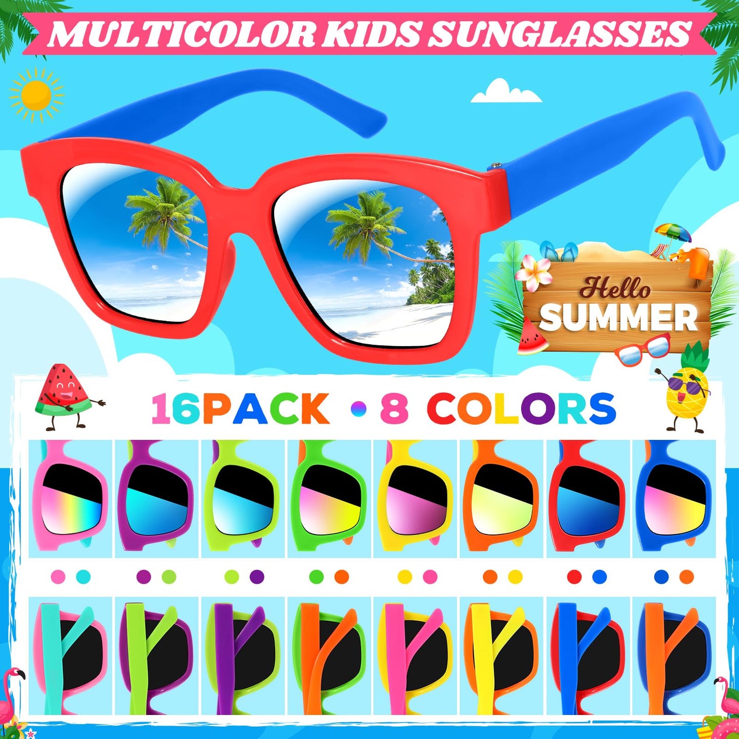 Luucio 16 Pack Kids Sunglasses Bulk, Kids Sunglasses Party Favor With Uv400 Protection, Party Favors For Kids Goodie Bags, Summer Beach Party Favors, Pool Party Favors For Kids Age 3-8