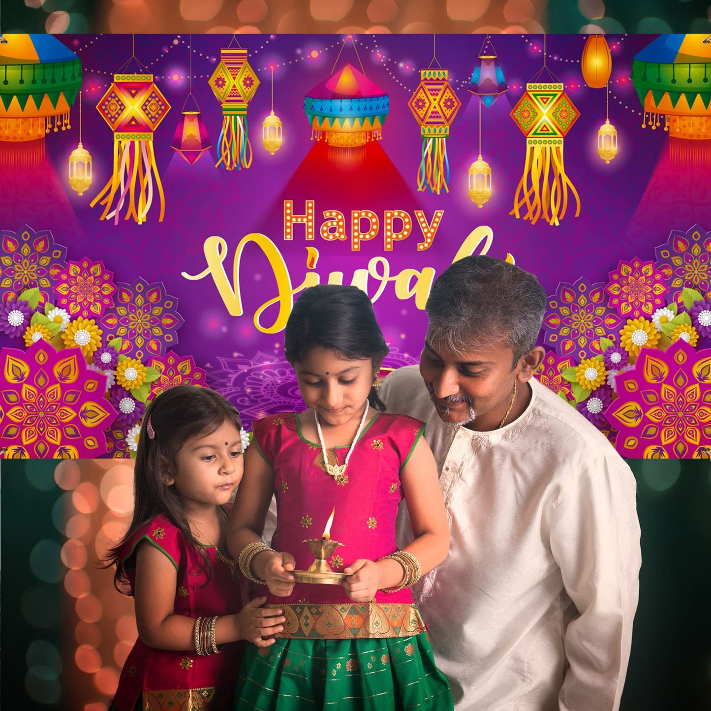 Happy Diwali Backdrop Banner Decor, Festival of Lights Party Photography Backdrop Decorations for Happy Diwali Party Indian Deep