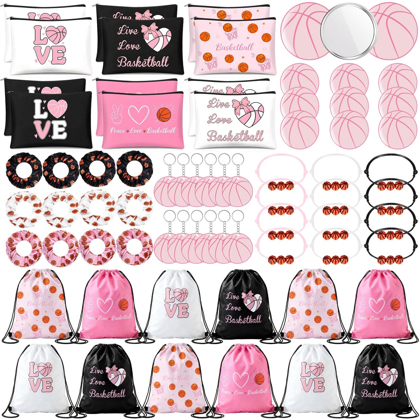 Yeyeplum 75 Pieces Basketball Team Gifts Set Includes 12 Pcs Makeup Bag 12 Ball Drawstring Bags 12 Hair Ties 12 Bracelets 12 Pcs