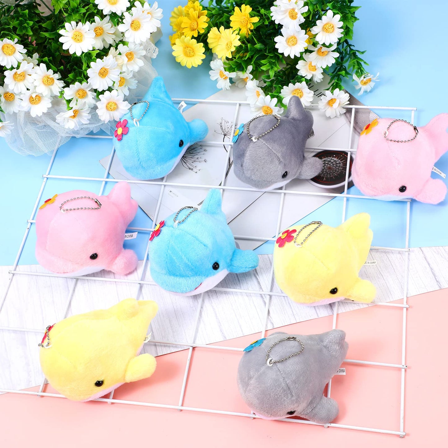 Zomiboo 12 Pcs Mini Animal Plush Toys Dolphin Sea Turtle Stuffed Animals Small Tiny Ocean Mini Plush Toys For Keychain Decoration Baby Xmas Bag Fillers Stocking Stuffs(Dolphin)