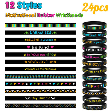 Morcheiong 24 Pieces Motivational Rubber Wristbands Black Inspirational Quote Silicone Bands Unisex Style- 12 Designs