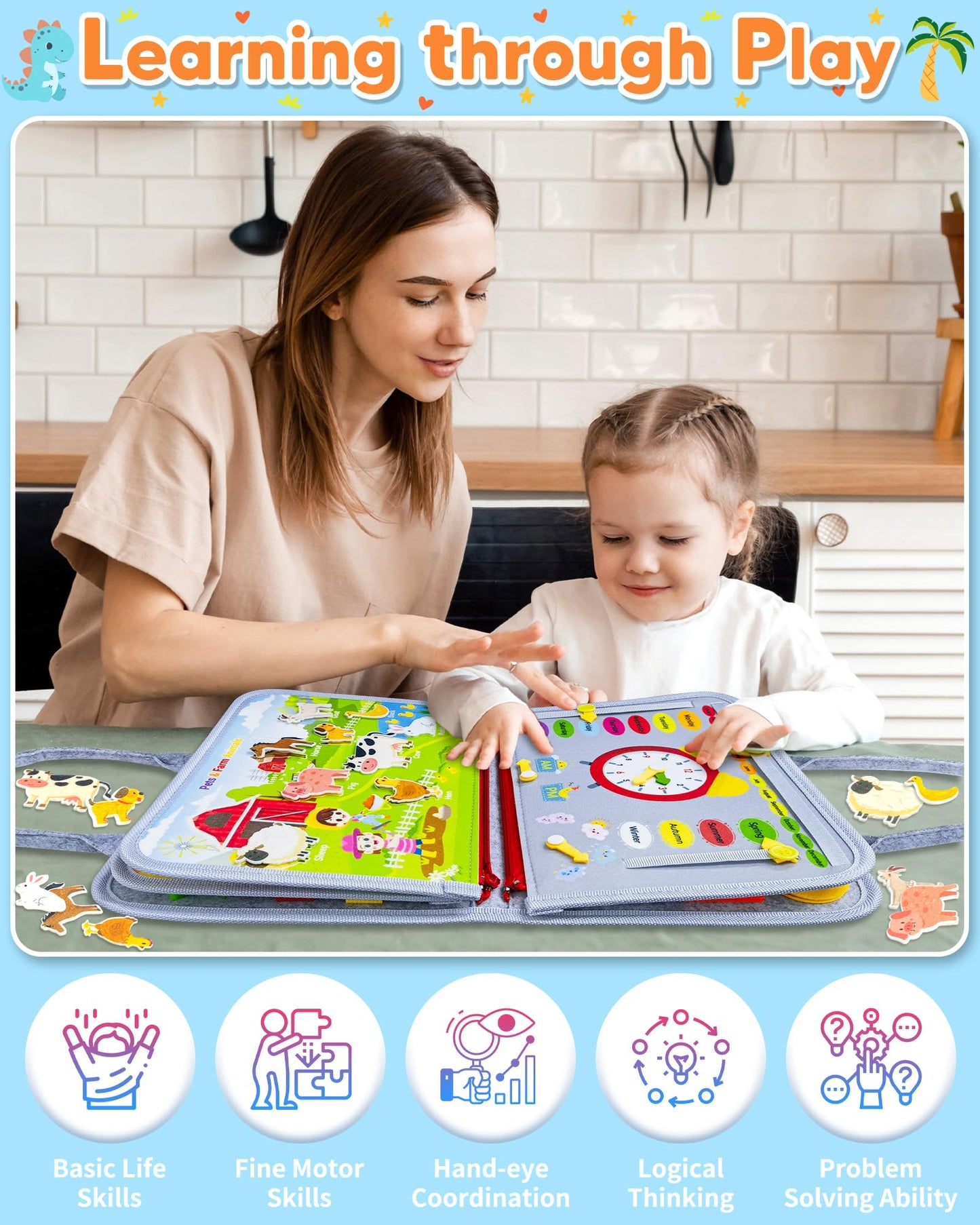 Gojmzo Busy Board Montessori Toys For 1 2 3 4 Year Old Boy Girl Birthday Gifts, Busy Book Sensory Toys For Toddlers 1-3, Toddler Toys Age 1-2, 2-4, Learning Educational Toy Travel Activities