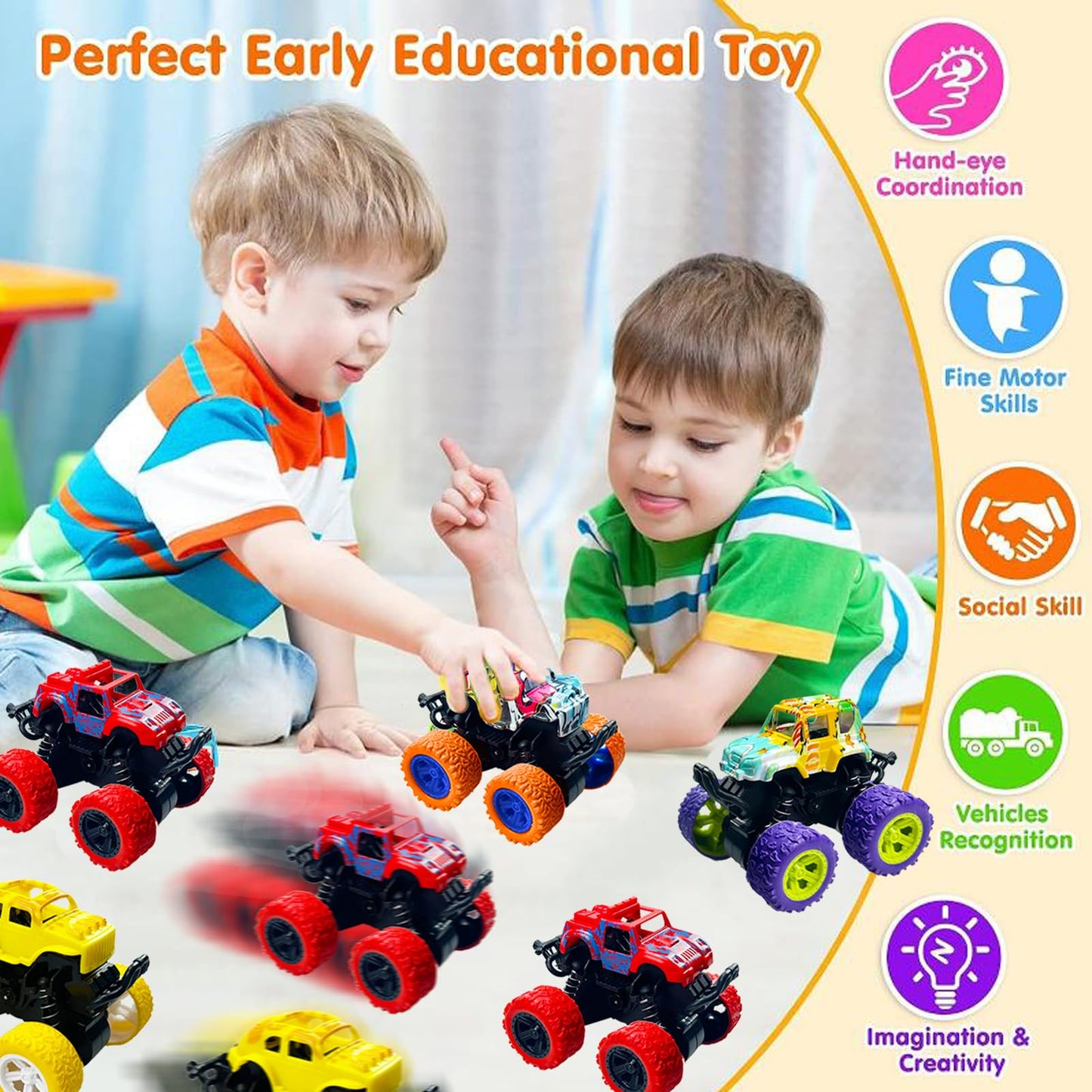 TGIQROVE Monster Trucks Toys, 24Pcs Friction Powered Mini Push and Go Car Toys, Double-Directions Inertia Vehicle Set, Pull Back