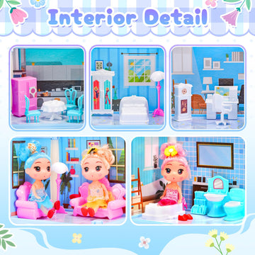 Amidear Dollhouse With 4-Story 11 Rooms, Dream Gift Princess Doll House Playset With Furniture, Blue Toddler House With Pool Sli
