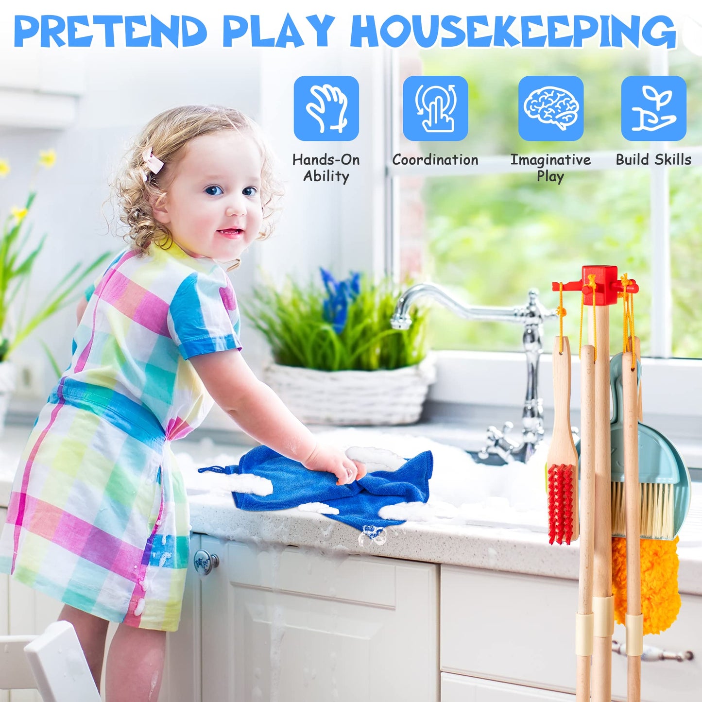 Woodmam Wooden Kids Cleaning Set For Toddlers,8 Pieces Montessori Cleaning Toys With Kids Broom And Mop Set, Housework Pretend P