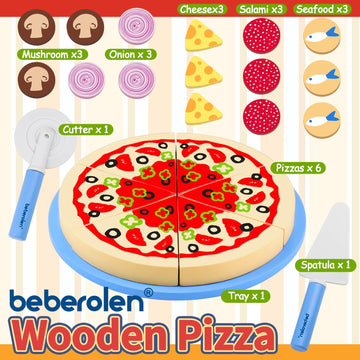 Wooden Pizza Toys for Kids, 24Pcs Cutting Toy Pizza Play Food Set, Pretend Play Kitchen Accessories Wood Cooking Toys for 3 4 5