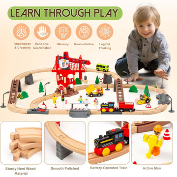 86Pcs Wooden Train Set With Crane, Wooden Train Track Set Railway Kits Fits Thomas Brio Ikea Melissa And Doug, Christmas Train T