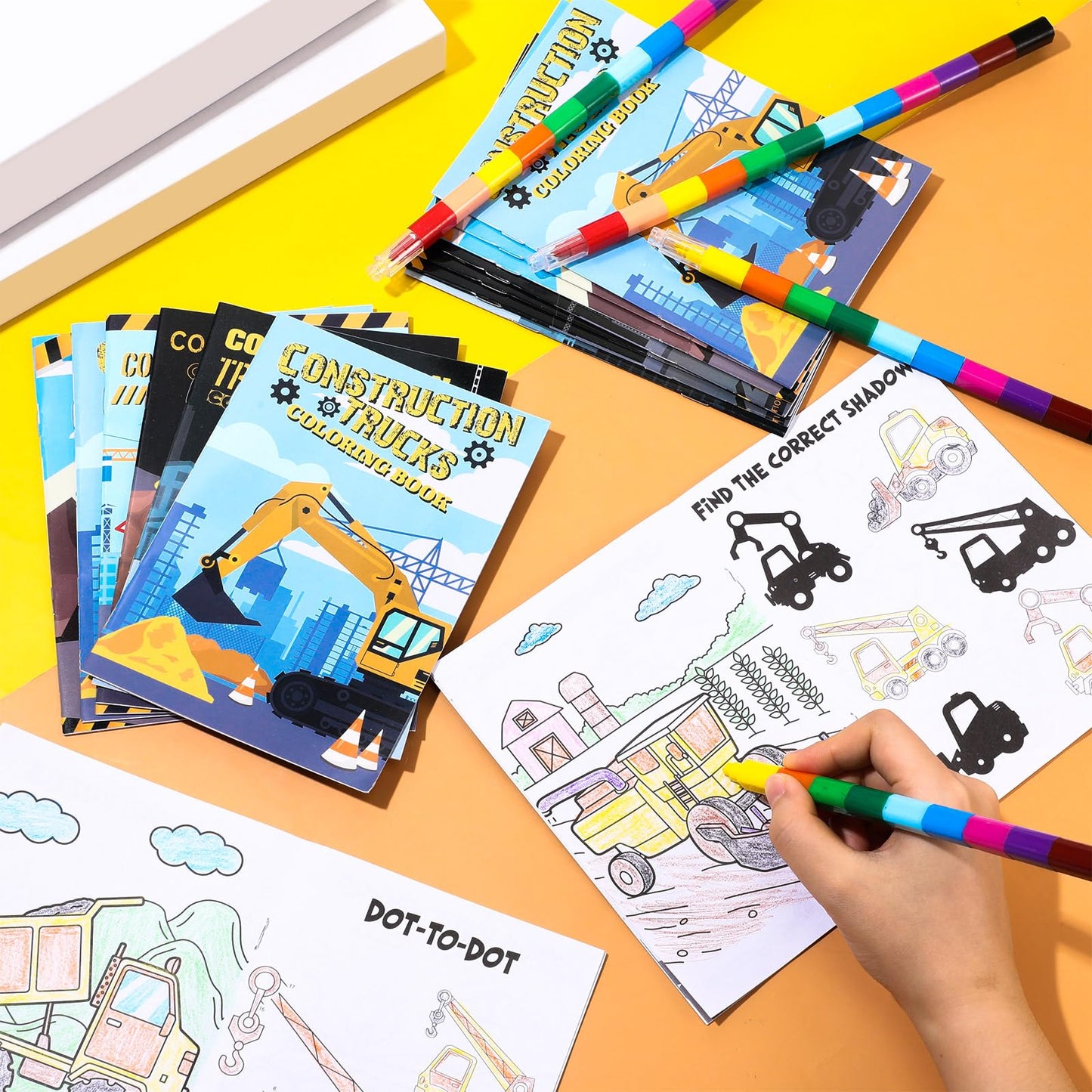 Motipuns 24 Set Valentines Day Exchange Classroom Gifts, 24 Construction Trucks Coloring Book with 24 Stacking Crayons for Stud