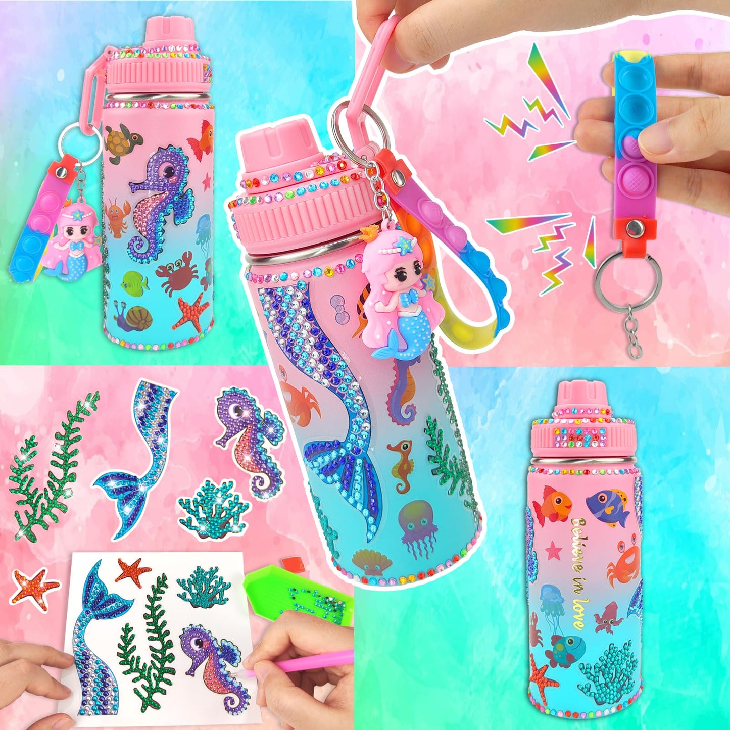 7July Decorate Your Own Water Bottle Kits For Girls Age 4-6-8-10 (Stainless Steel),Mermaid Themed Painting Crafts,Fun Arts And C