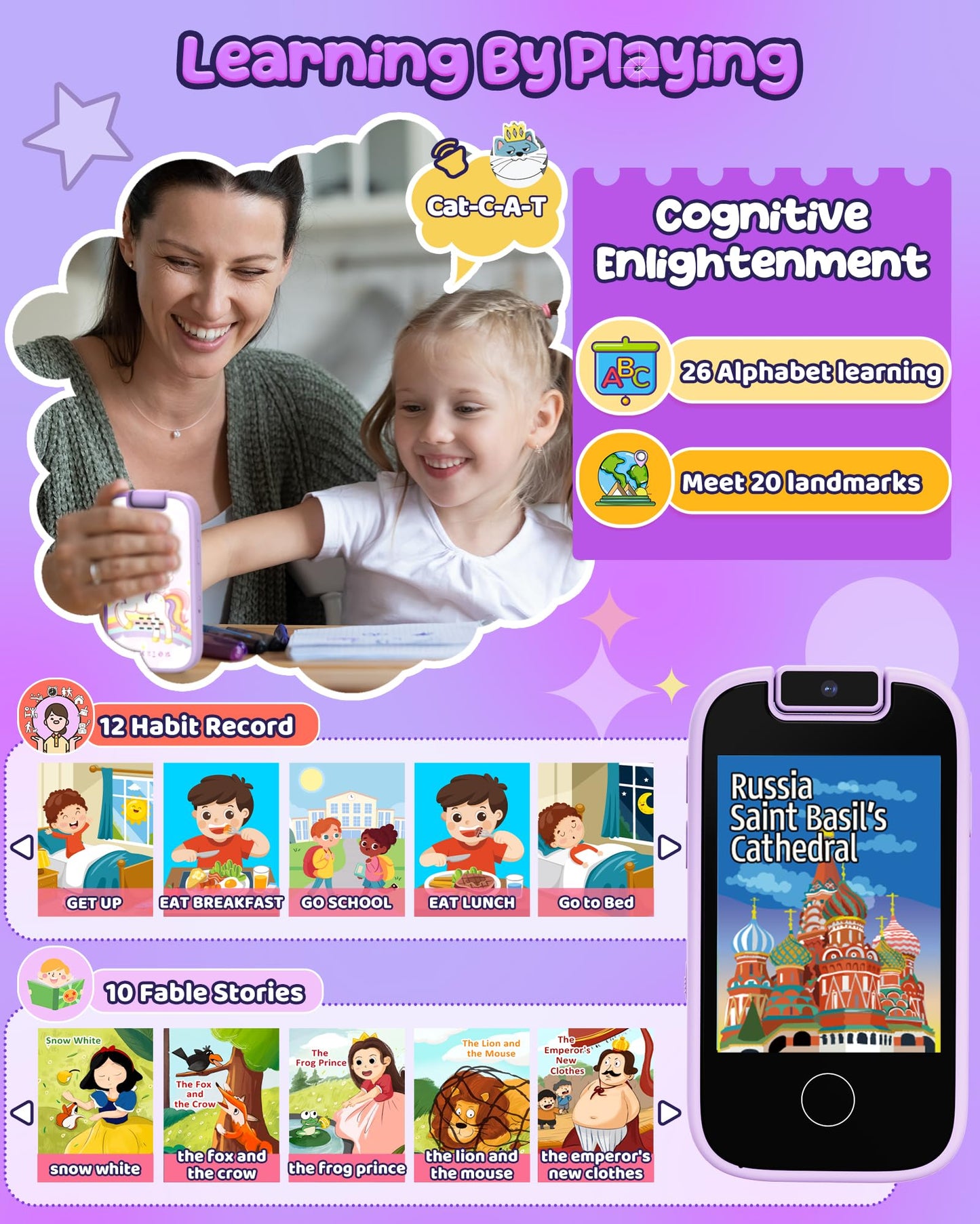 Shiningstone Kids Smart Phone for Girls, Kid Toy Phone for Toddlers, Toddler Phone with Dual Camera Puzzle Games Touchscreen, Le