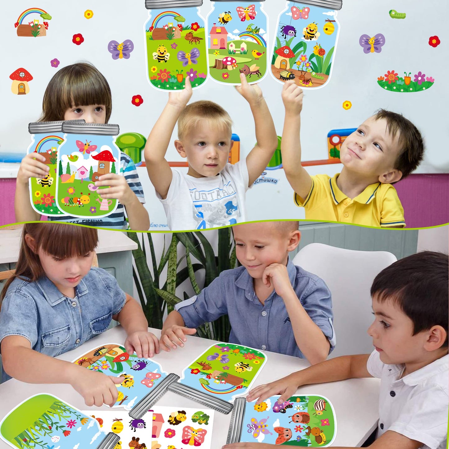 Cy2Side 12Pcs Summer Bugs Stickers Scene For Kids, Make A Bug Jar Sticker Scene With Butterfly Bee Ladybug Flower, Make Your Own Insect Stickers With Jar Scene, Diy Summer Party Games Class Activities