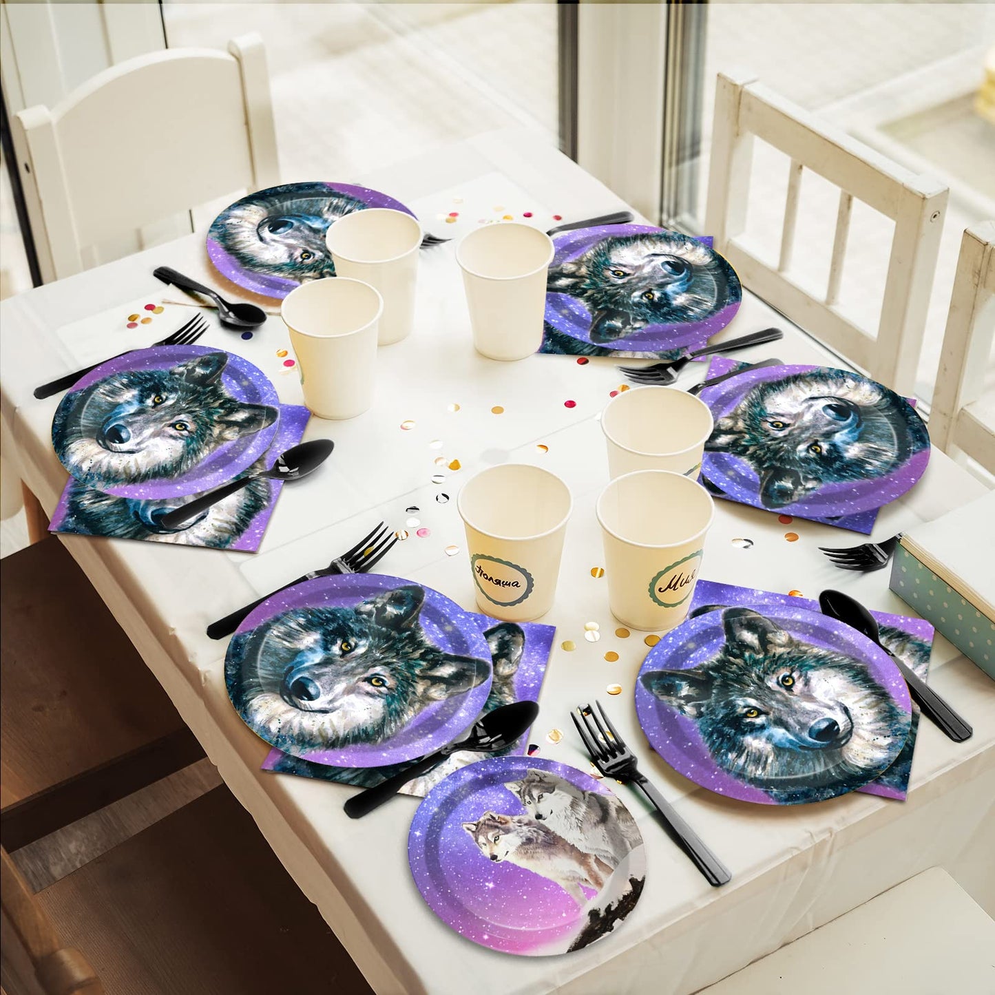 Wiooffen 96 Pcs Wolf Party Supplies Plates Napkins Forks Tableware Set Wolf Animal Birthday Disposable Dinnerware Decoration For