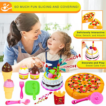 FUNERICA Play Food Goodies Set with Storage Box - Features Cutting Pizza, Ice Cream, Toy Birthday Cake, Fries, Dessert - Pretend