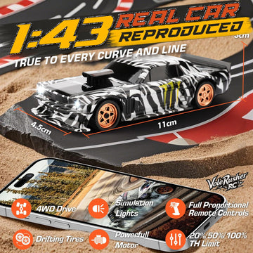 VoleRusher RC 4WD Mini Drift Car 1/43 Scale, High Speed, Camouflage, ABS, 4.3x1.1x1.7 inches, Ideal for