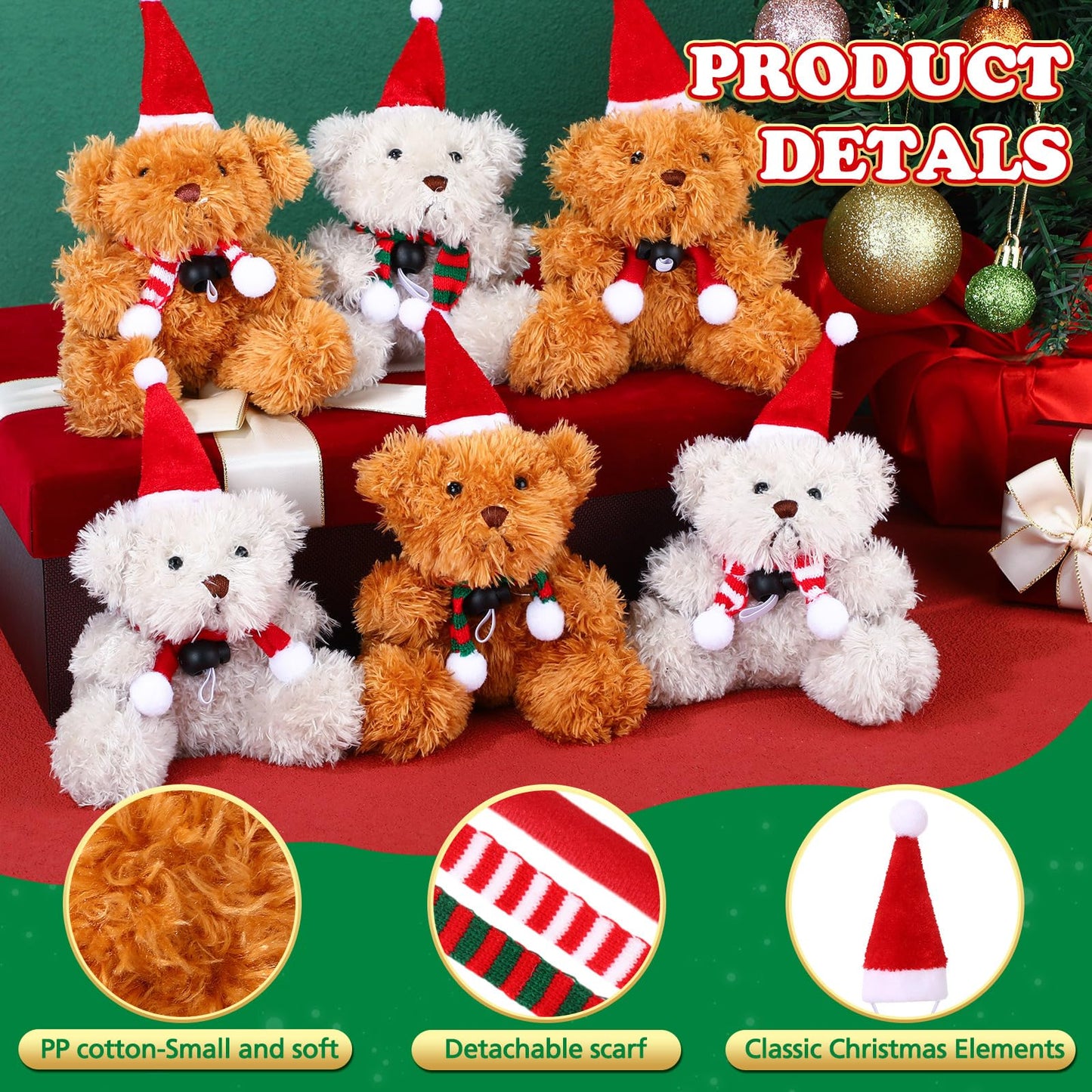 Foilswirl 24 Sets Christmas Mini Plush Bear 4 Inch Stuffed Animal Bulk Small Soft Bear Toys With Santa Hat Scarf Cards Gift Bags