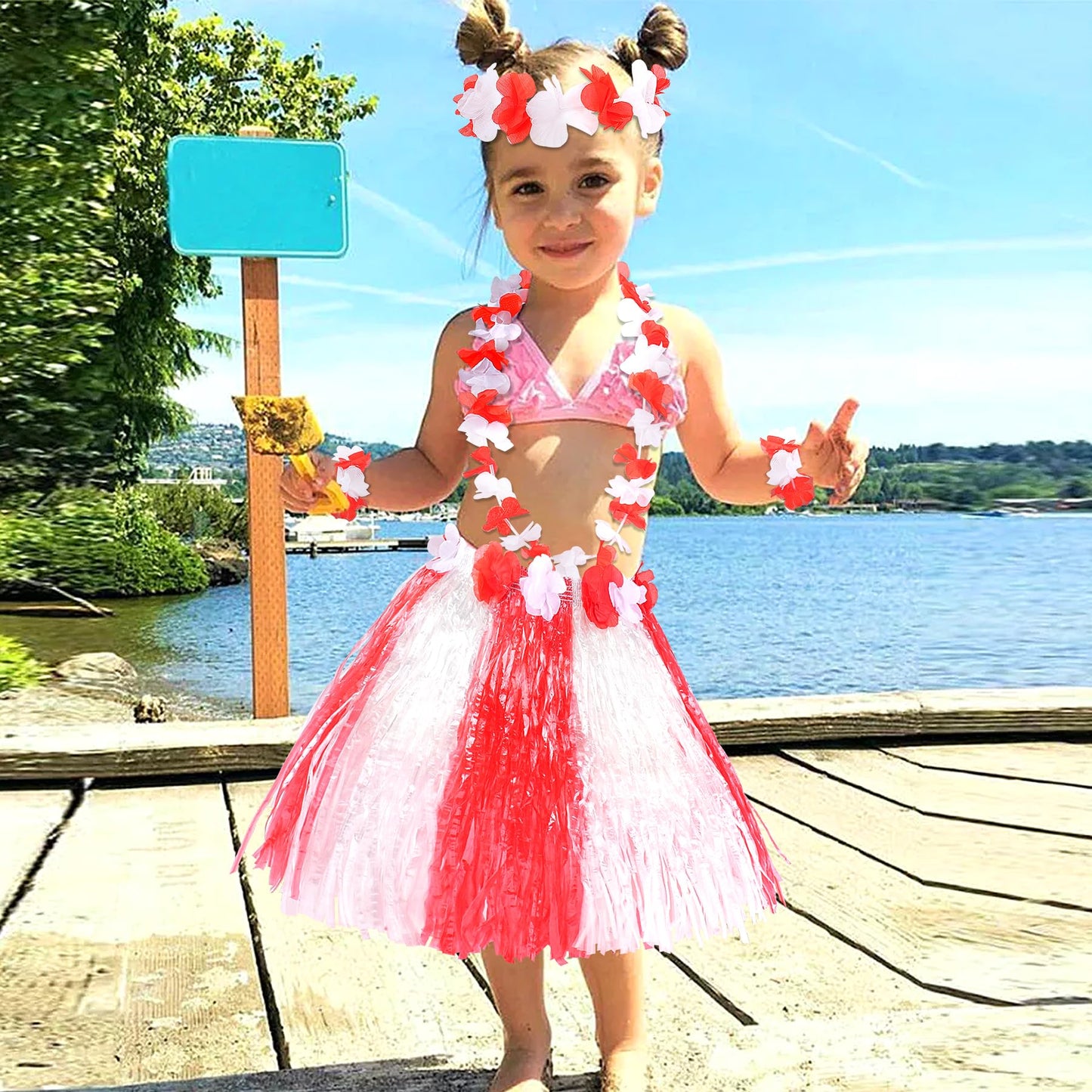 Fortuning'S Jds Hawaiian Hula Grass Skirt For Girls Elastic Flower Costume Kids Outfits For Luau Tropical Beach Party Decor