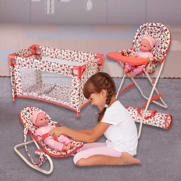 Floral Baby Doll Accessories Set - 3-1 Furniture With Crib, High Chair, Bouncer Seat Bed For 18 Play Toys 18'' Dolls
