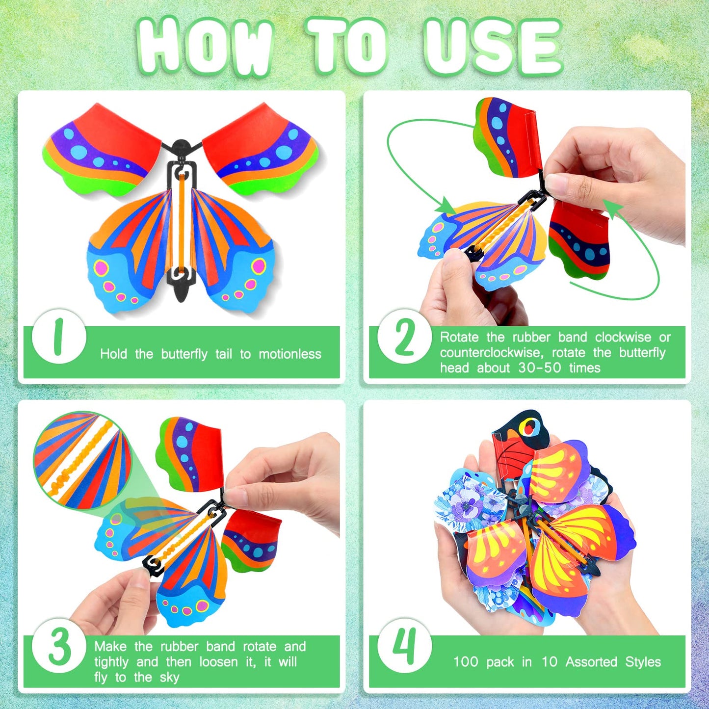 100 Pcs Magic Flying Butterfly Fairy Flying Colorful Wind Up Butterfly In The Book Rubber Band Powered Greeting Card Surprise Gift, 10 Styles
