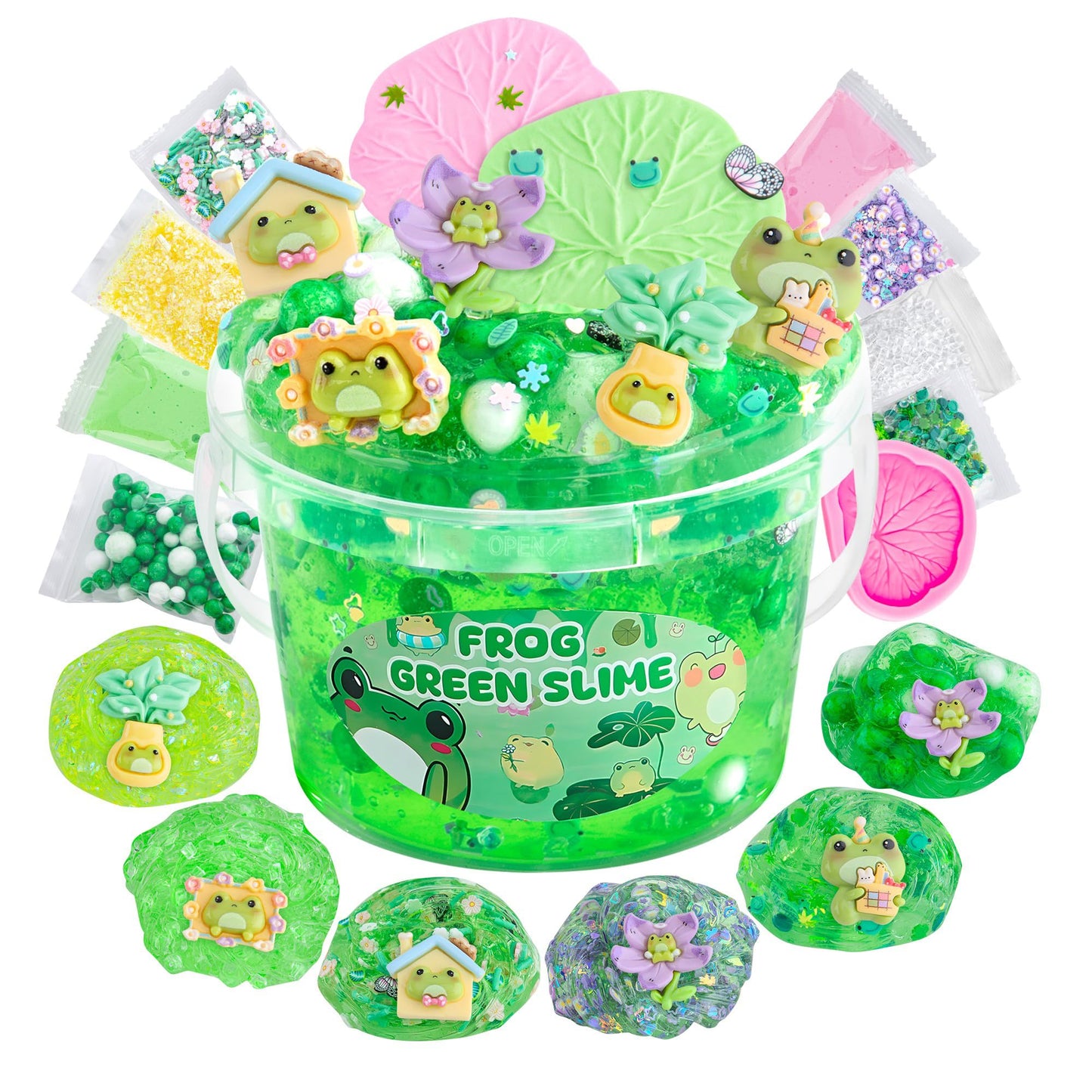 Lawoho Frog Clear Slime 300Ml, Green Clear Slime Kit For Girls Ages 8-12 With 8 Packs Slime Add-Ins, Slime For Kids Party Favors, Non Stick Slime With Clay, Birthday Halloween Christmas Easter Gifts