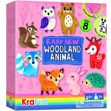KRAFUN Easy Sewing Kit for Kids - 8 DIY Woodland Animal Projects, Felt, Instructions, Perfect Gift for Girls & Boys, Model 89804