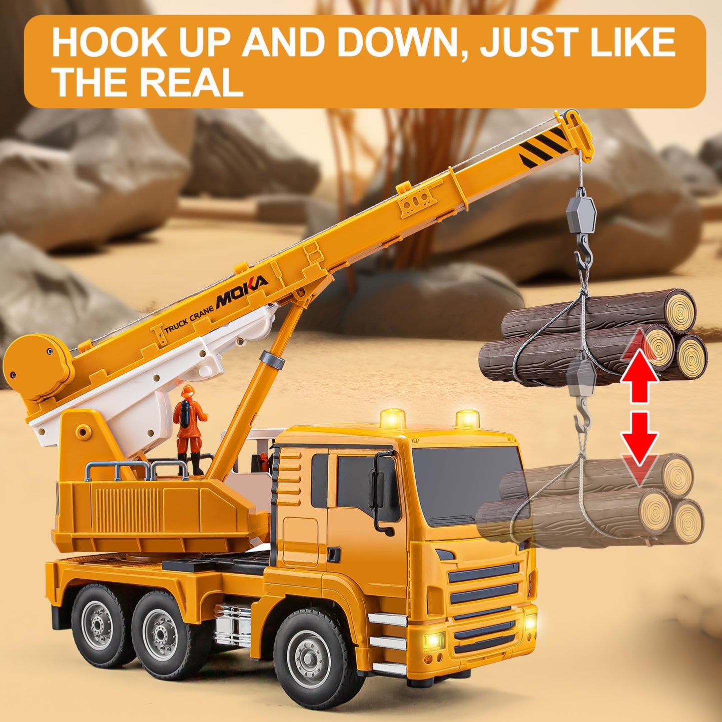 WEMOKA 13 Channel RC Crane Truck, 2.4G Remote Control Crane Toy Construction Vehicles with Lights, Sounds, Hook Up and Down, 1:1