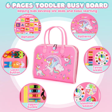 URMYWO Toddler Busy Board - Montessori Educational Toy for Ages 1-4, Pink Busy Book with Alphabet, Numbers & Animals, Perfect Birthday Gift