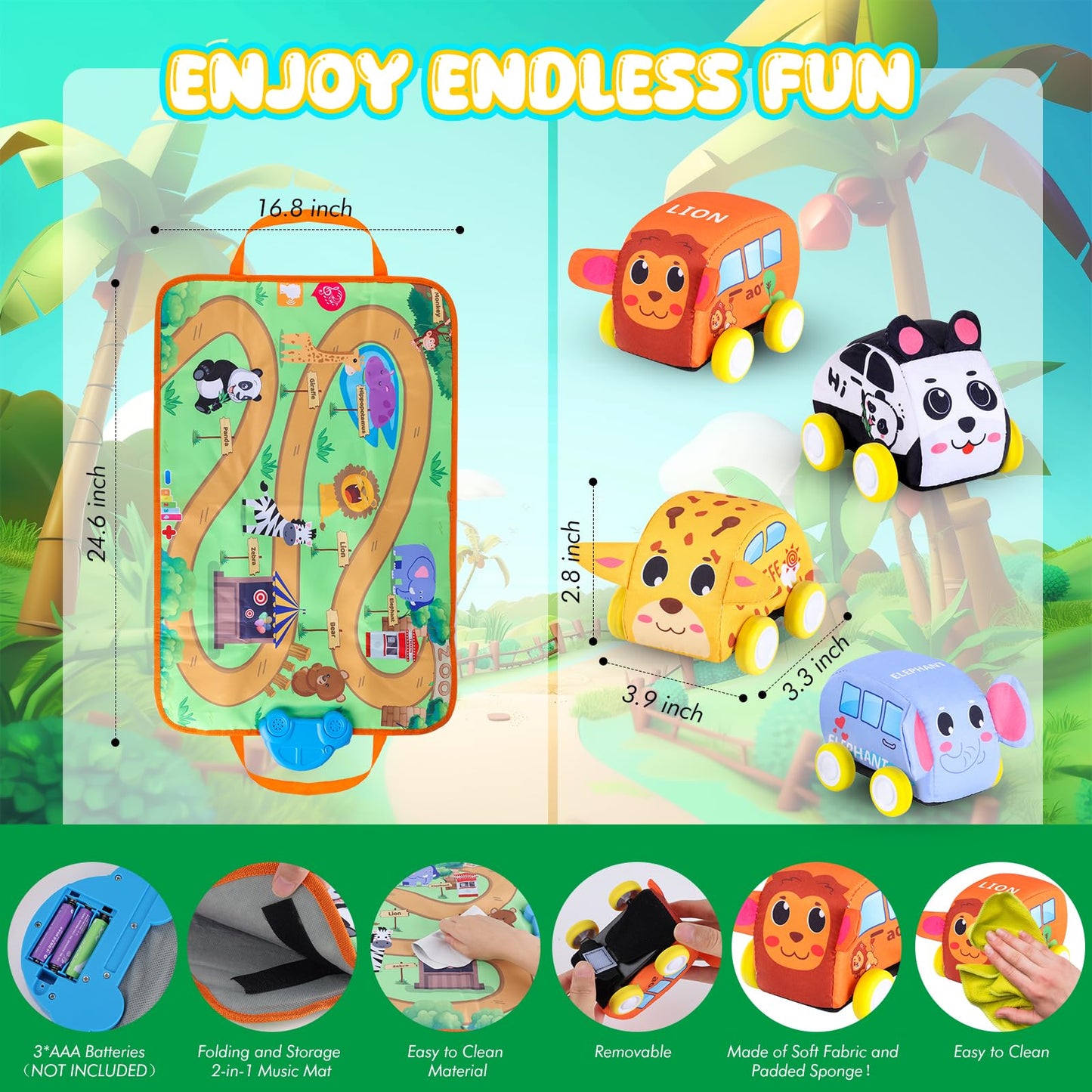 New Pull Back Vehicle & Music Mat Set, Soft Baby Toy Set With 4 Cute Animal Cars And Touch Play Blanket, New Interactive Mode, F