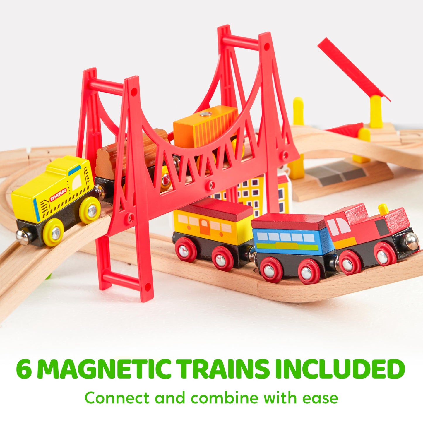 110Pcs Montessori Wooden Train Set - Urban Journey, City Scene Railway Set With Magnetic Trains, Cars, Helicopter & Ship, Perfec