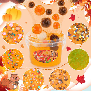 Squirrel Orange Slime Kit, Clear Slime Bucket With Slime Clay, 10 Packs Of Slime Add-Ins, Slime Party Favors For Kids, Sensory T