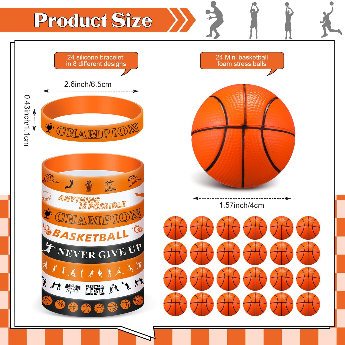 ShinyRelief 72 Pcs Basketball Party Favors Set,24 Basketball Paper Bags 24 Basketball Silicone Wristbands 24 Basketball Stress B