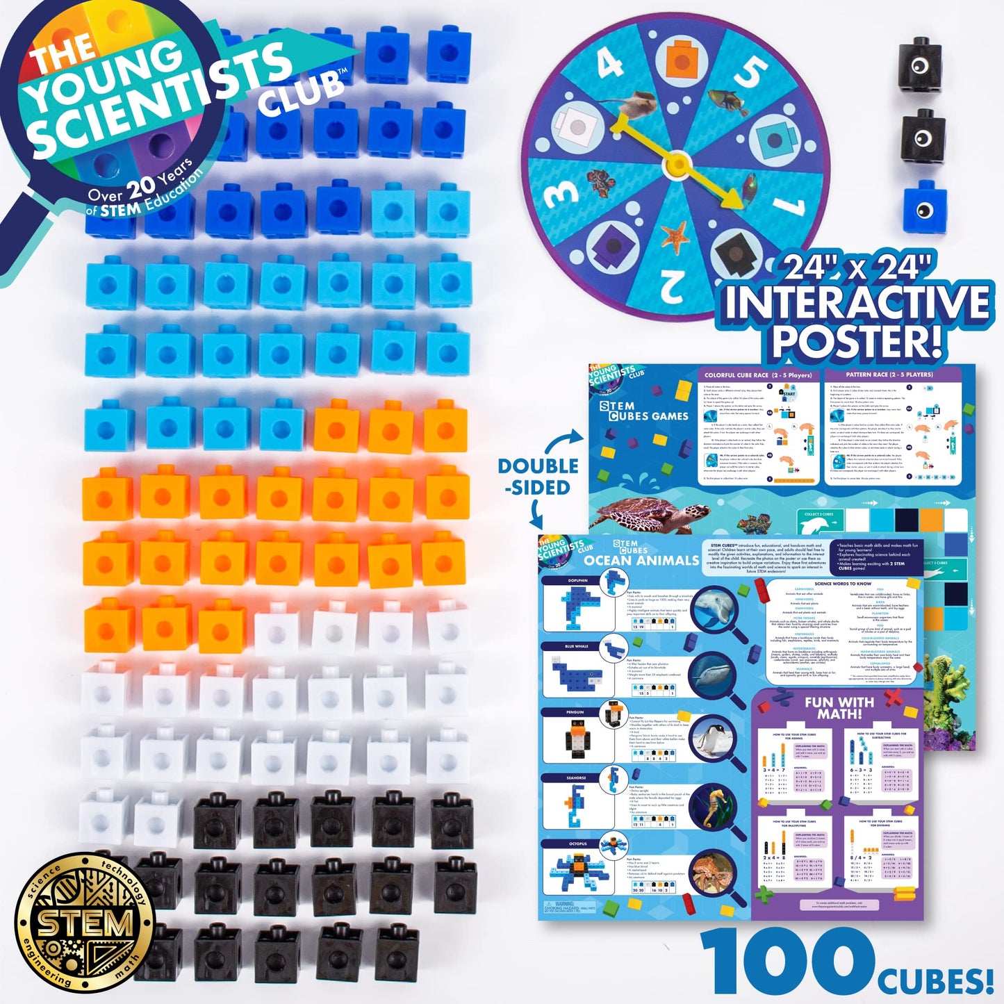 The Young Scientists Club Ocean Animals Stem Cubes,Build,Learn & Create With 100+ Math Cubes Manipulatives,2-In-1 Educational Games,Math Cubes For Kids Ages 4-8,Multi,One Size
