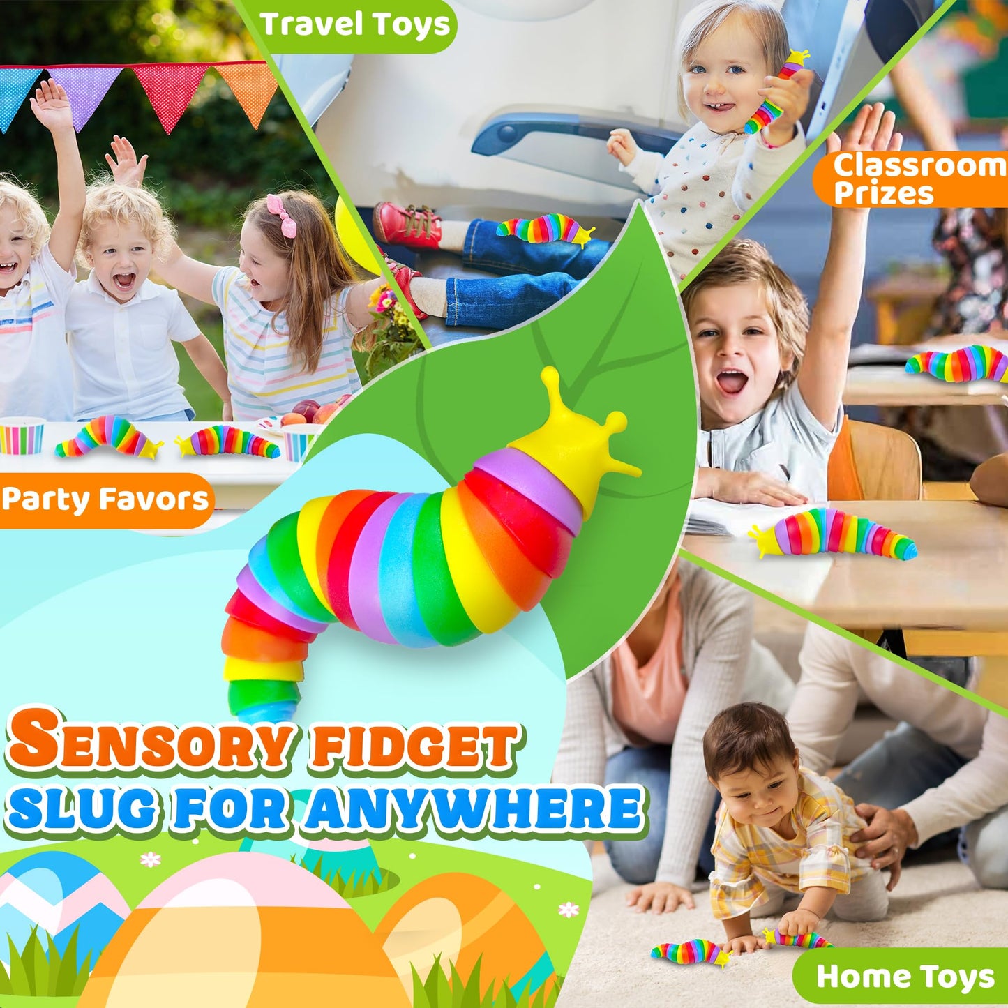 Large Fidget Slug Pack 3PCS for Toddler Kids Baby Air Travel Activities Road Trip Car Toy ASMR Sensory Toys Restaurant Figette Worm Gift for Girl Boy mature-themed Autism Autistic ADHD Caterpillar Stim