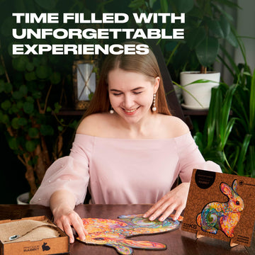 Unidragon Original Wooden Jigsaw Puzzles - Precious Rabbit, 309 Pcs, King Size 14.1'X14.5', Beautiful Gift Package, Unique Shape Best Gift For Adults And Kids