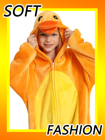 Lonulain Unisex Kids Animal Oneise Pajamas, Boys Girls Flannel Hooded Halloween Cosplay Costume/Homewear/Sleepwear (Duck,5-6 Yea