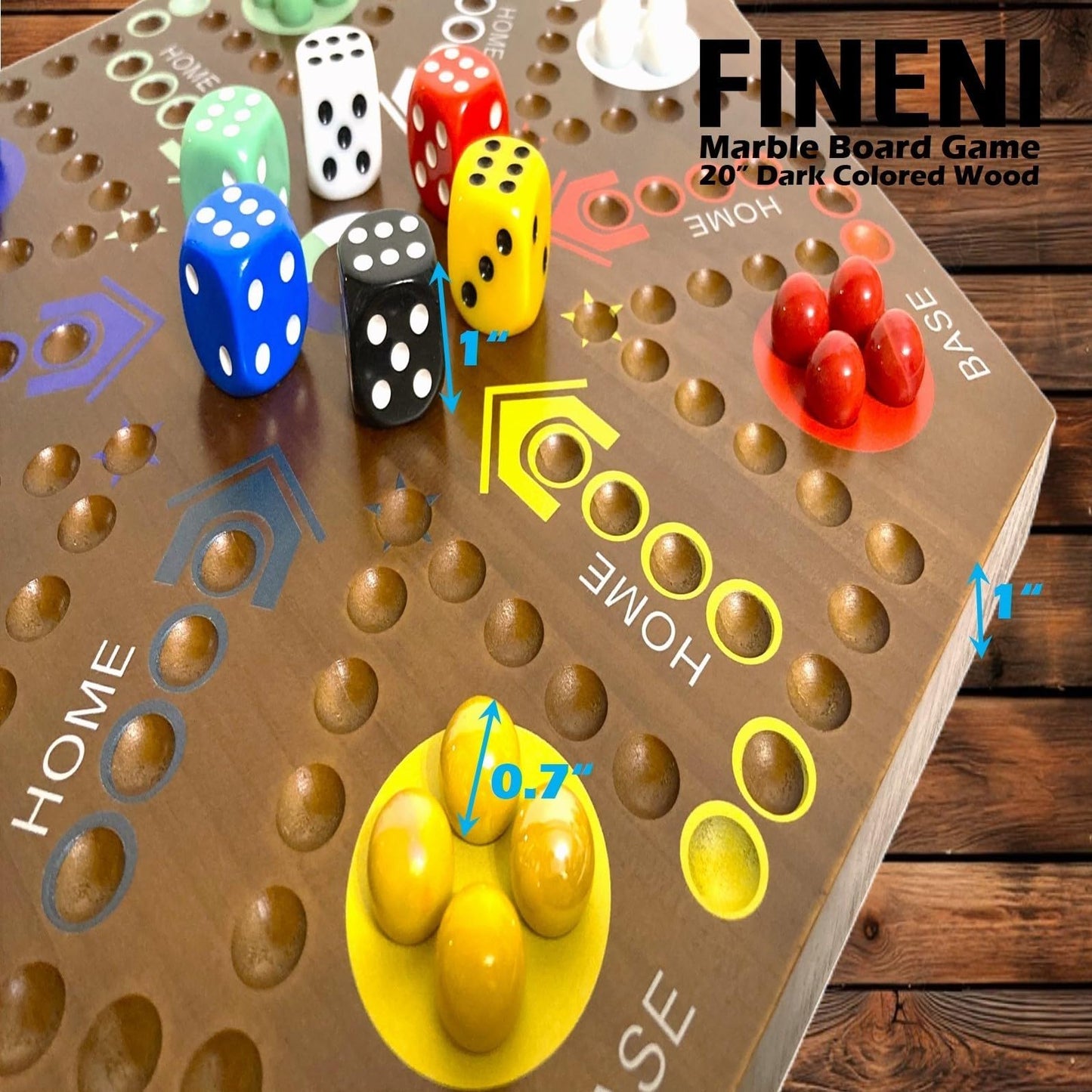 FINENI Wooden Marble Board Game - Dual-Sided Fast Track for 2-6 Players, 20" Dark, Includes 30 Marbles & 6 Dice, Perfect Family Fun
