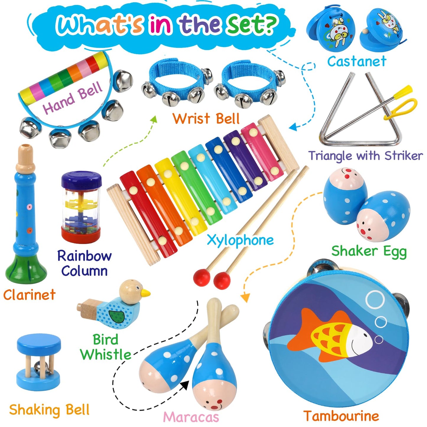 Raimy Kids Musical Instruments Set - Wooden Percussion Instruments Toy For Toddler Baby, Preschool Educational Music Toys For Boys And Girls With Carrying Bag (Blue)