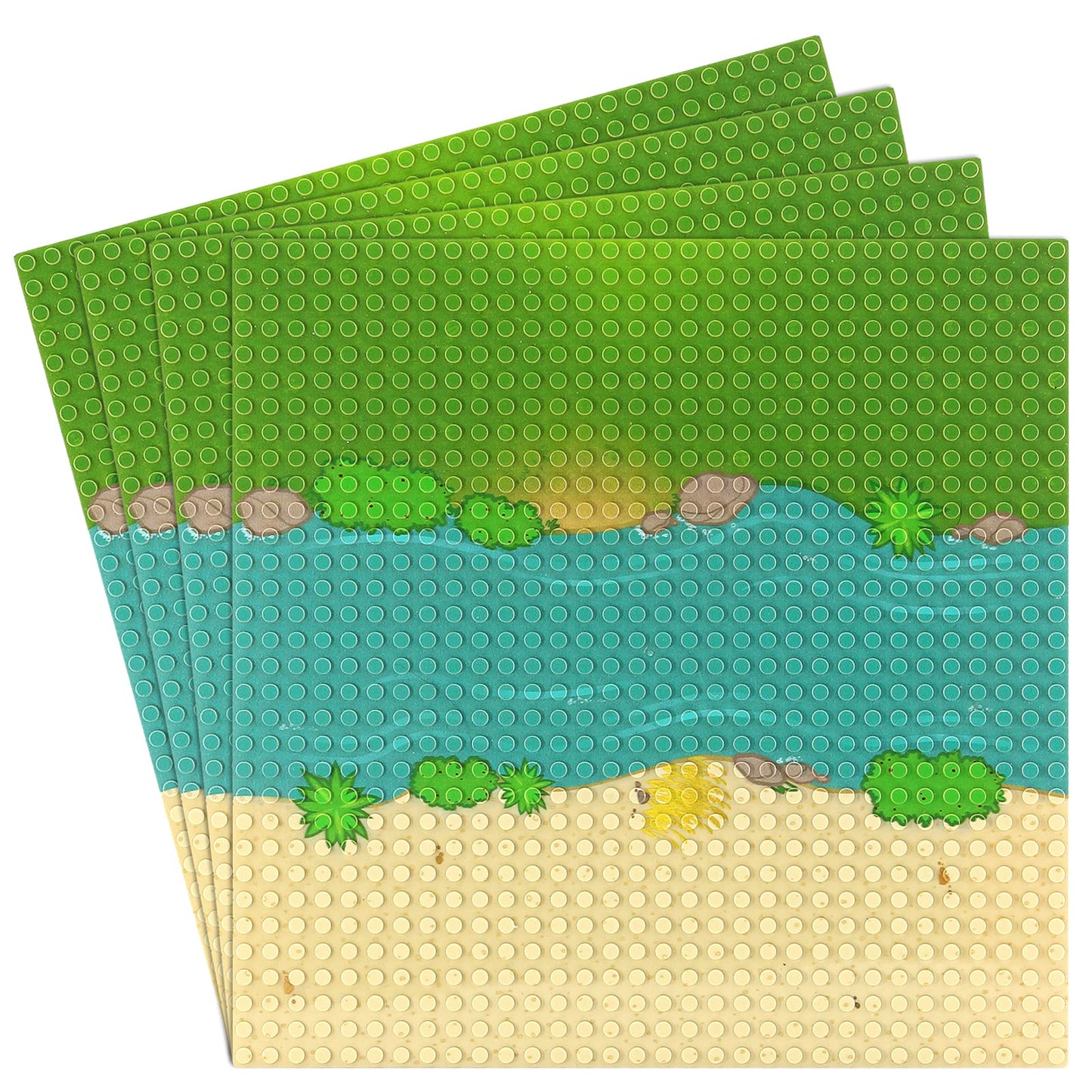 Feleph Classic Baseplate With River And Grassland Pattern, 10 X 10 Inches Base Plates For Building Blocks Mat Compatible With Major Brands (Straight 4 Pieces)