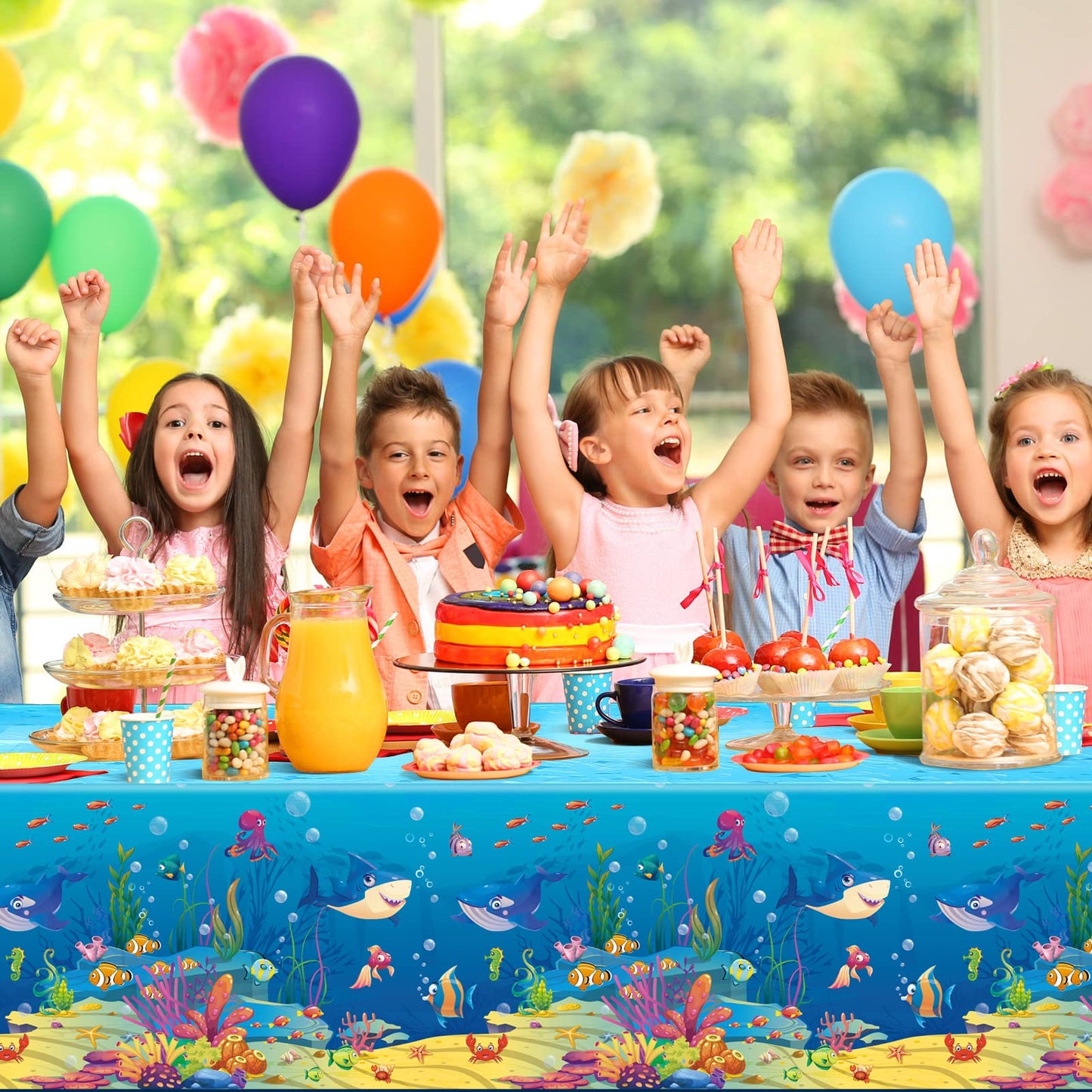 Tiamon Under The Ocean Tablecloths Ocean Waves Table Covers Animal Shark Tablecloths Underwater Plastic Table Covers for Fishing