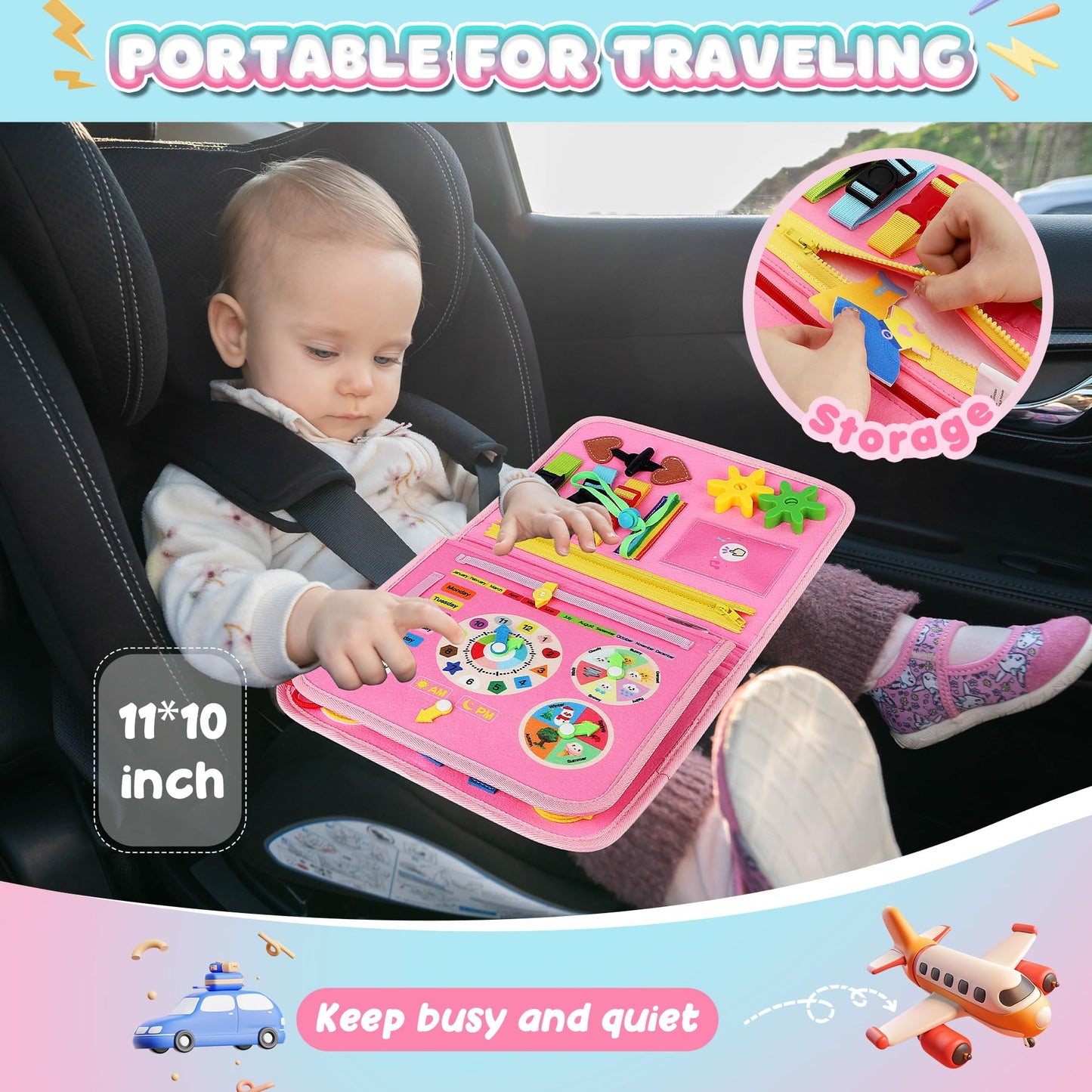 URMYWO Toddler Busy Board - Montessori Educational Toy for Ages 1-4, Pink Busy Book with Alphabet, Numbers & Animals, Perfect Birthday Gift