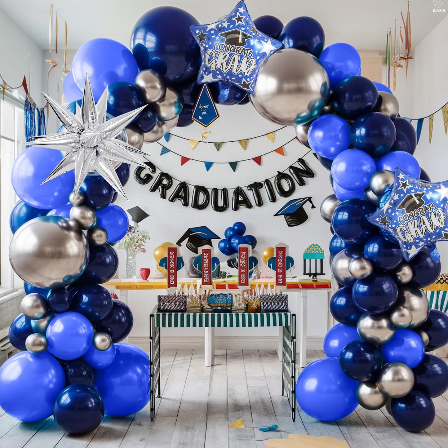 Graduation Balloon Garland Arch Kit, Navy Blue Metallic Silver Balloons With Satr Graduation Hats Foil Balloons For Graduation Baby Shower Birthday Party Decorations