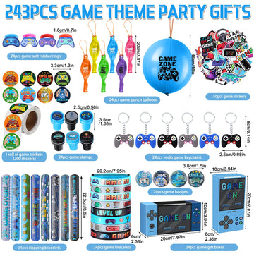 HyDren 243 Pcs Video Game Party Favors Includes Video Game Goodie Treat Boxes Punch Balloons Silicone Bracelets Keychains Badges