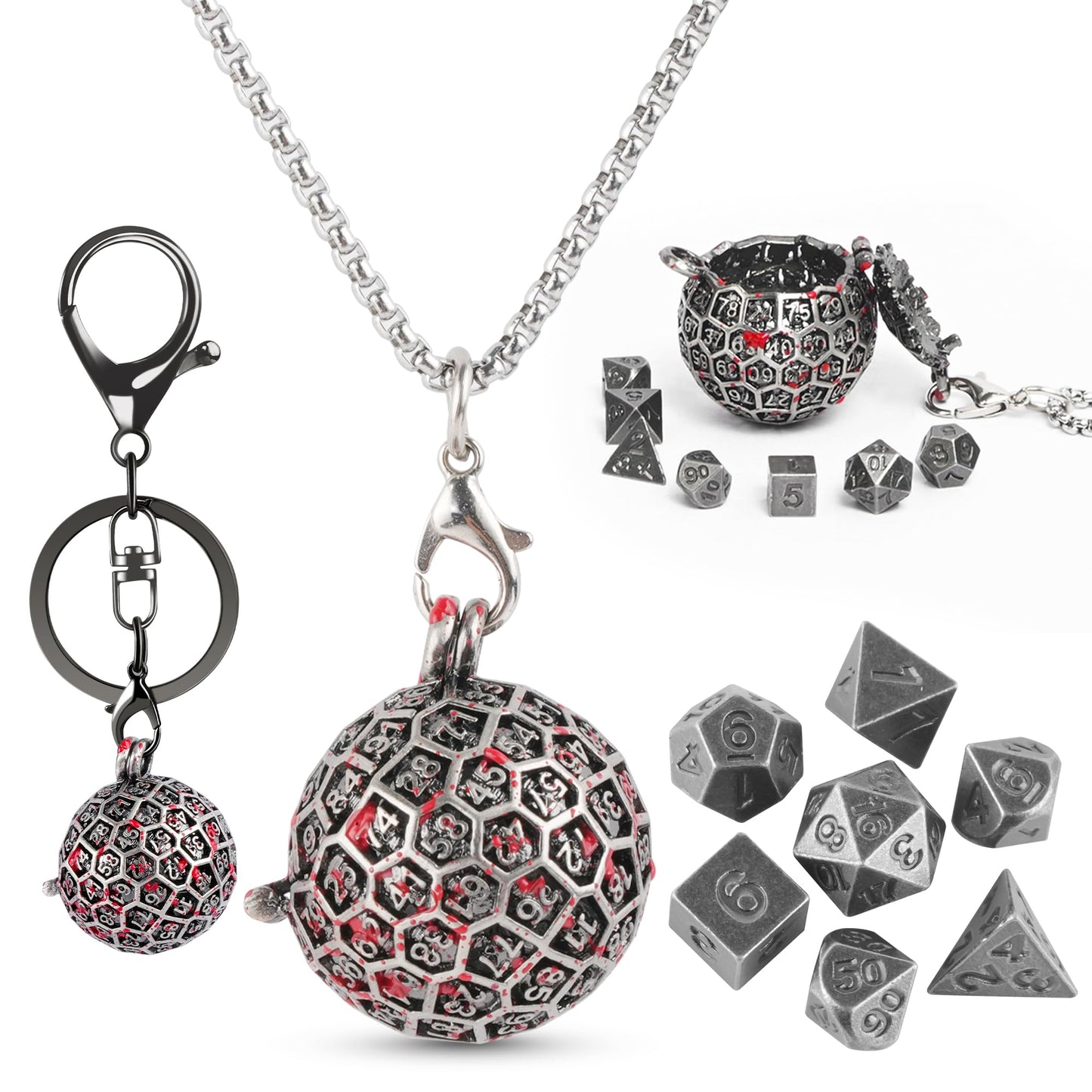 Kabinka Mini DND Dice Set, D100 Hollow Metal Dice Necklace, 7PCS Tiny D&D Dice with Keychain for Dungeons and Dragons, RPG, Port