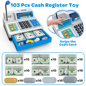Calculator Cash Register - 103 Pcs Toy Cash Register, Store Set With Microphone, Credit Card And Banking For Kids, Early Math Sk