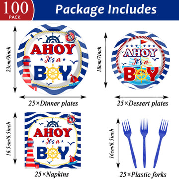 25 Guests Nautical It'S A Boy Baby Shower Party Supplies Decorations Ahoy Nautical Party Disposable Plates Napkins Tableware Din