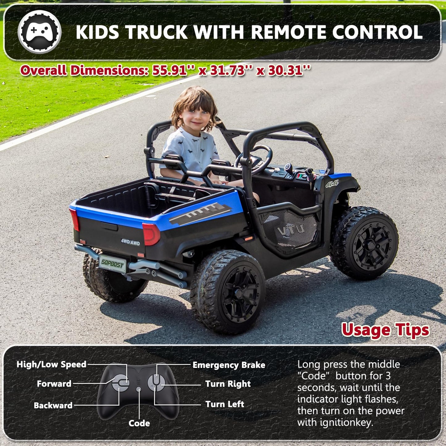 karbost 2 Seater 24V 10Ah Kids UTV Ride On Dump Truck with EVA Tires Ride on Toys for Big Kids with Remote Control 4WD Ride on Car Side by Side Truck with Electric Dump Bed Shovel Blue & Black