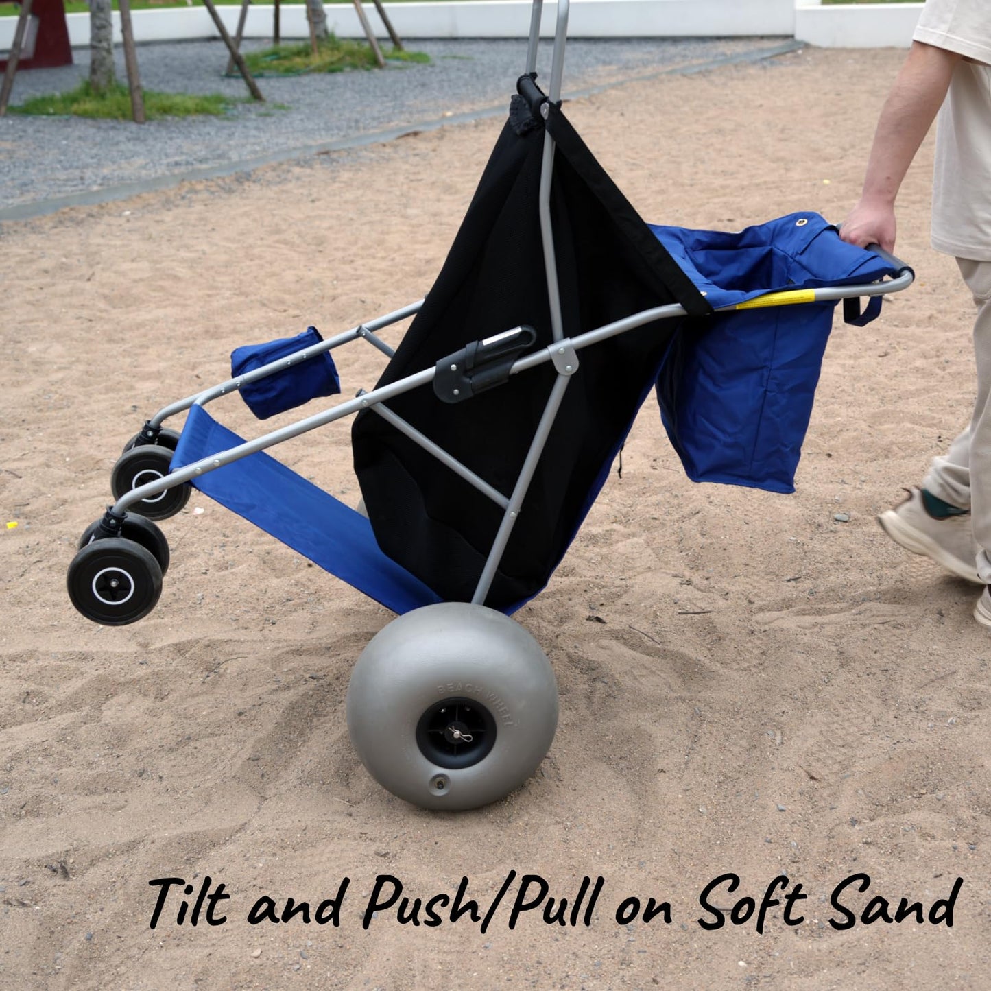 CRESTWALKER Beach Cart with 13 Balloon Wheels, Collapsible Buggy for Sand, Holds 4 Folding Chairs, Blue & Black & Grey