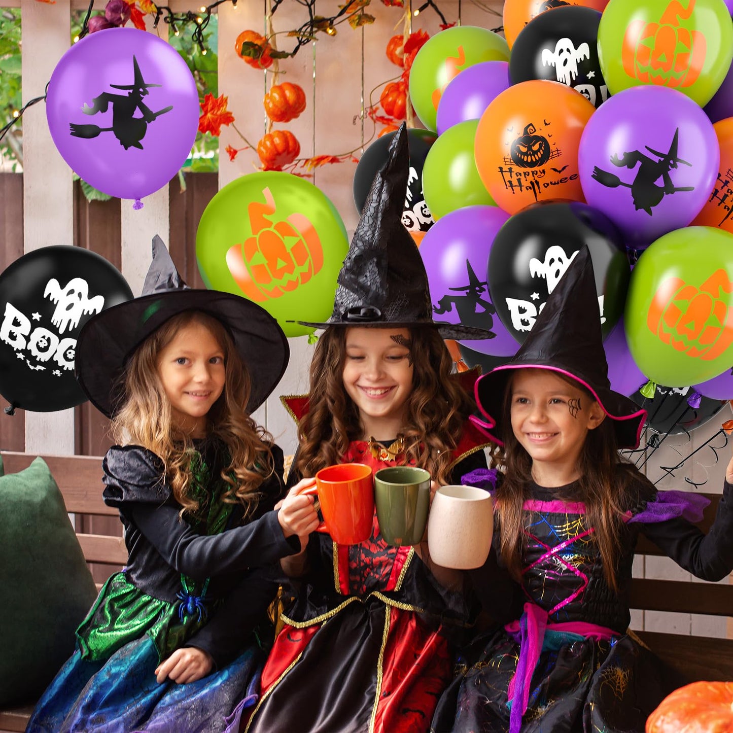 Funhot Halloween Party Balloons, 60Pcs Purple Orange Green Balloons, 12 Inch Orange Black Purple And Green Printed Pattern Decor