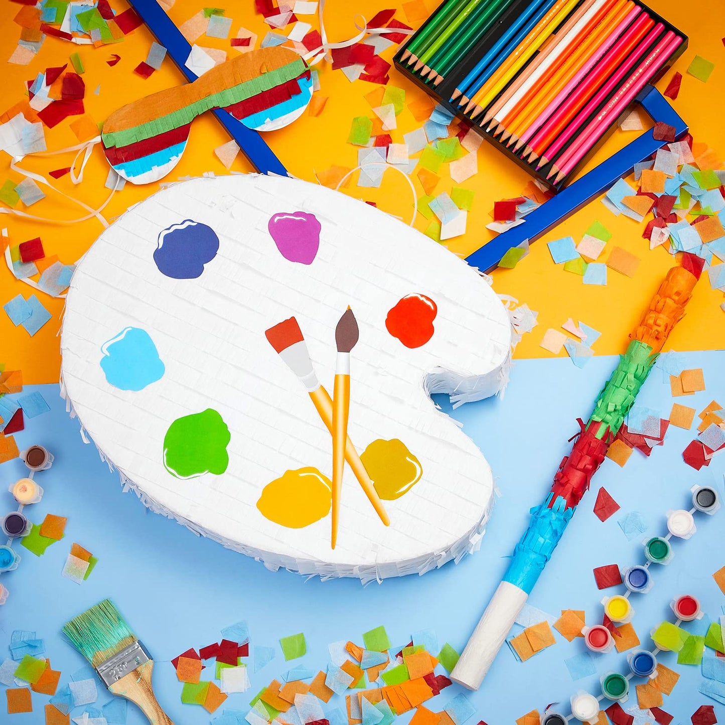 15.7 Inch Art Palette Piñata Small Paint Art Piñata With Piñata Stick Confetti Blindfold For Boys Girls Birthday Party Art Painting Party Favors Classroom Prizes Stocking Stuffers Paint Party Supplies