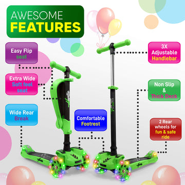 Hurtle 3 Wheeled Scooter for Kids - 2-in-1 Sit/Stand Child Toddlers Toy Kick Scooters w/ Flip-out Seat, Adjustable Height, Wide